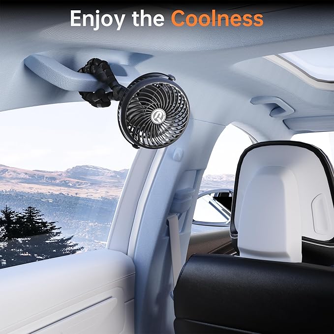 Rechargeable Car Fan for Backseat Kids Baby, 3-Speed Quiet with 5000mAh Battery, 360° Rotatable Rear Seat Passenger Cooling Fan, Cordless Portable Clip on Fans for Vehicle SUV Sedan RV