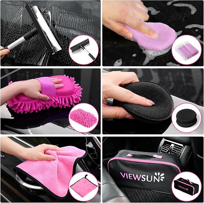 Viewsun 19PCS Car Cleaning Kit, Pink Car Detailing Kit Interior and Exterior for Women - Cleaning Gel, Razor Blade Scraper, Tire Brush, Car Wash Mitt, Squeegee, Microfiber Wax Applicator