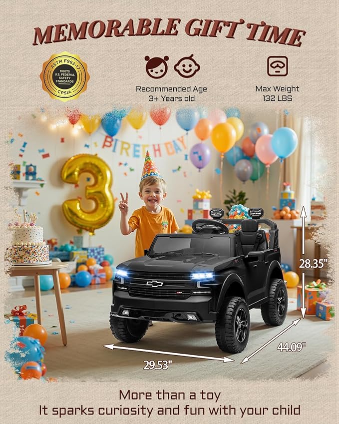 24V 2 Seater Ride on Toys Licensed Chevrolet Silverado, Electric Vehicle with Remote Control and Seat Belts, Electric Ride On Truck wtih Trunk, Bluetooth and LED Lights (Black)