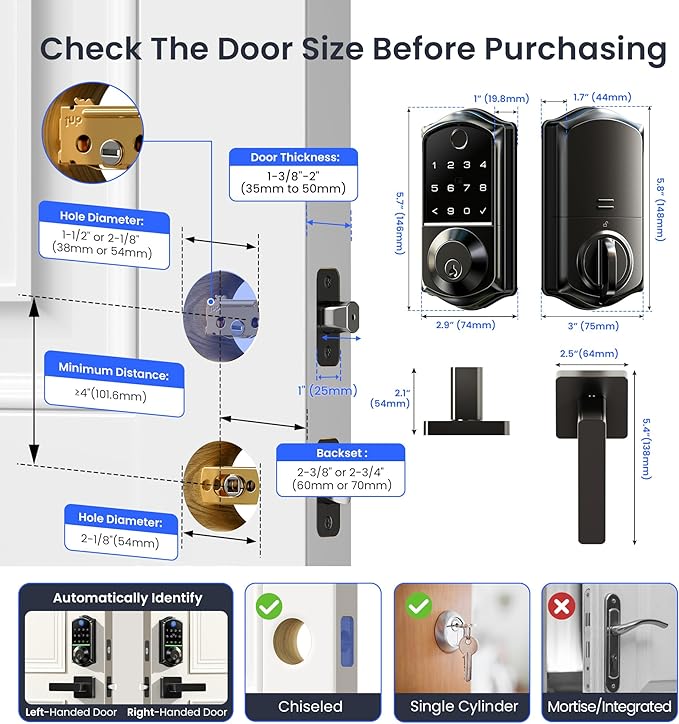 Veise VE017-B Fingerprint Smart Lock for Front Door, App Control, 7-in-1 Keyless Entry Deadbolt with 2 Zinc Alloy Lever Handles Set, Emergency Power Port, Auto Lock, Electronic Keypad, Black