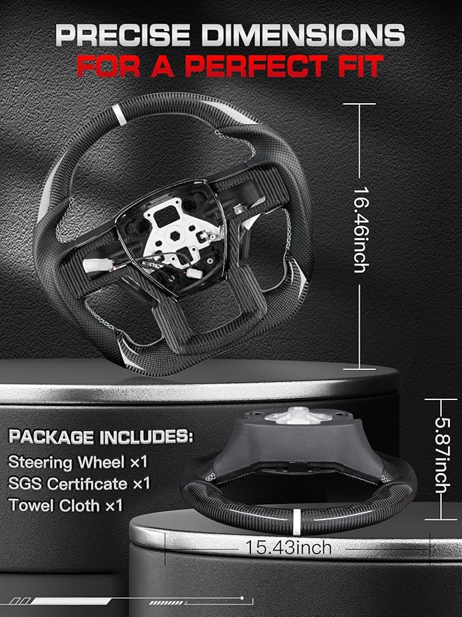 Steering Wheel for F150 Raptor 2017-2020 Real Carbon Fiber with Heated with Decorative Trim Piece White Stripe&Stitching Black Nappa Leather D-shaped for Raptor with Paddle Shifters Models