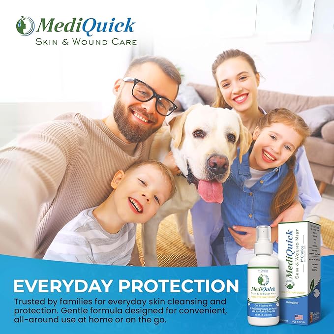 MediQuick Antiseptic Spray Mist 4 Fl Oz | Skin & Wound Repair First Aid Spray for Burns & Cuts with 12 Hour Action | Helps Heal Acne Rash Eczema Itch Bites & More | Safe Wound Wash with No Sting