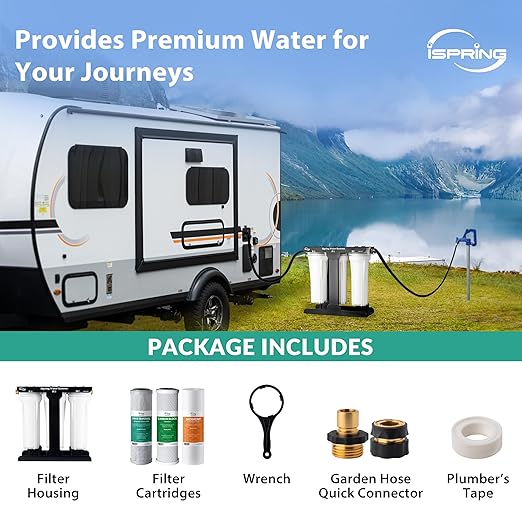 iSpring 3-Stage RV Water Filter System, SGS-Tested PFAS Removal, Reduces Chlorine, Lead, Sediment, Rust, and Odors, Leak-Free Brass Fittings, Quick Connectors, External Mounting Bracket, Model:CW31-PF