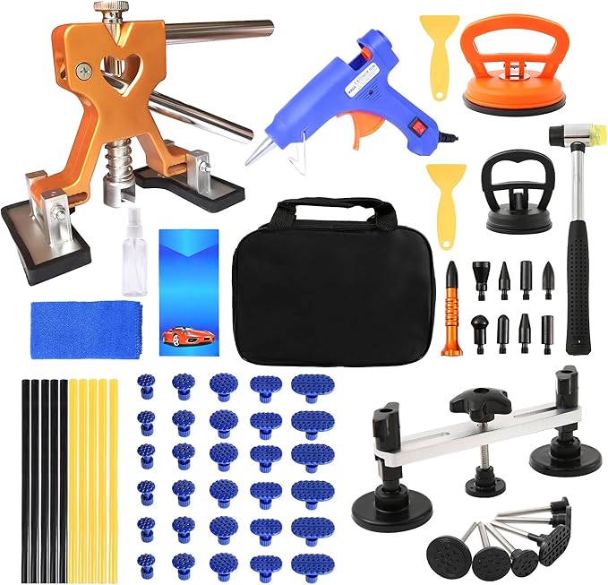 69PCS Auto Body Paintless Dent Removal Tools Car Dent Repair Kit, Adjustable Dent Puller Kit with Gold Dent Lifter,Bridge Puller for Car Dent Repair and Suction Cup Dent Puller
