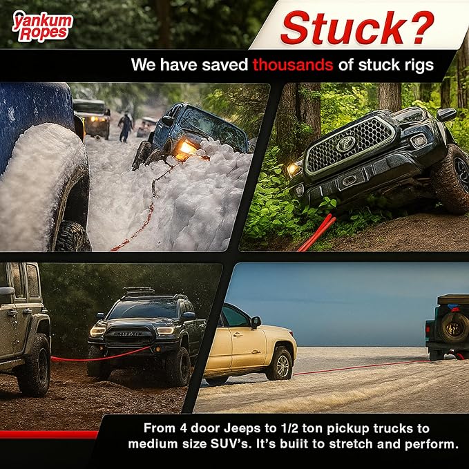 Yankum Kinetic Recovery Rope 1βx30β, 2 Soft Shackle 7/16β & Nylon Bag (Medium) β Heavy Duty Tow Rope, Synthetic Recovery Shackle, Waterproof Tool Bag for Off-Road, Jeep, Truck Recovery, Made in USA