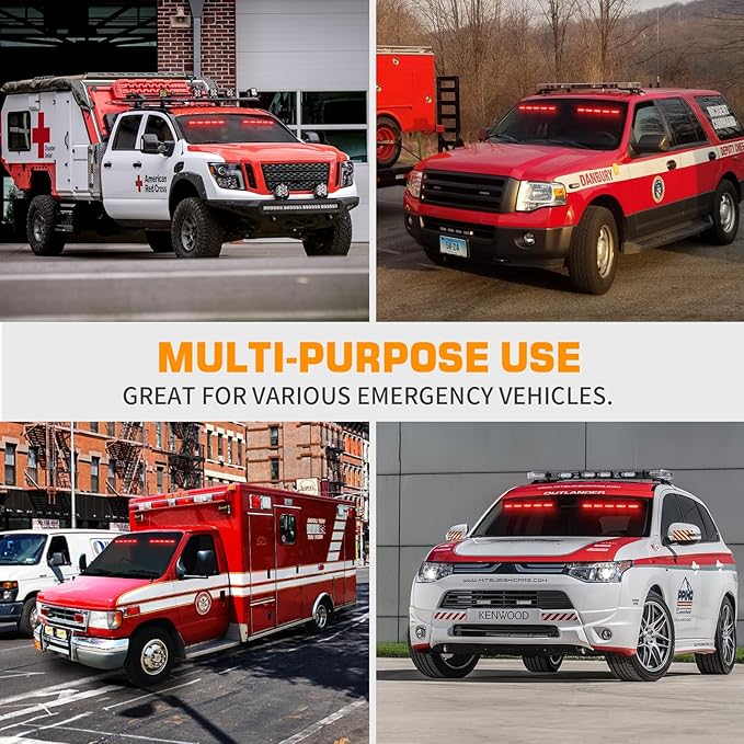 XRIDONSEN 2x 17 inch Red Emergency Lights Bar 40 LED Dash Visor Interior Front/Rear Windshield Strobe Lights Safety Flashing Warning Hazard for Ambulance Firefighter Police Vehicles Trucks Car