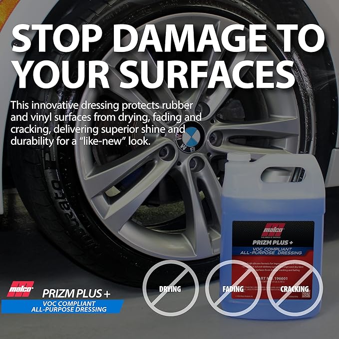 Malco Prizm Plus All-Purpose Dressing – Ultra High Silicone Formula Gives Superior Shine and Durability to Interior Rubber and Vinyl Surfaces/Protects Against Fading and Cracking/1 Gallon (196601)