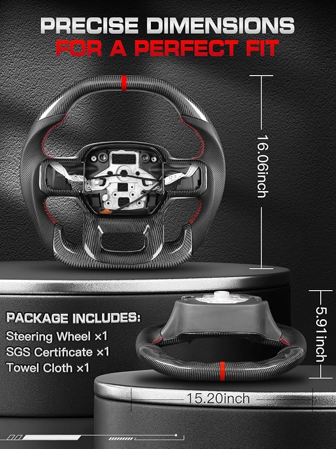 Steering Wheel for F150 Raptor 2021-2024 Real Carbon Fiber Double-D Design Red Stripe&Stitching with Heated Nappa Preforated Leather Grip Compatible with Raptor with Paddle Shifters Models