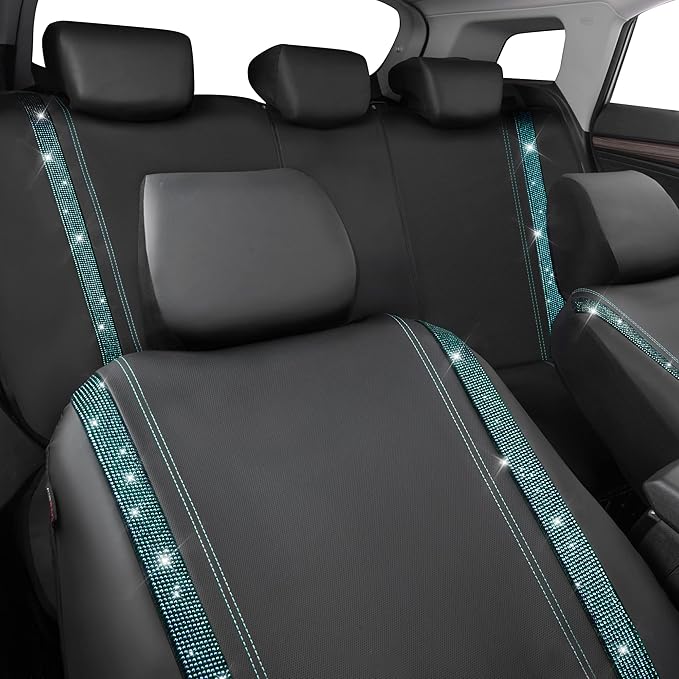 CAR PASS Bling Car Seat Covers Full Set, Shining Rhinestone Diamond Waterproof Faux Leather Universal Fit 95% Automotive Glitter Crystal Sparkle Strips for Cute Women Girl, Full Set (Mint Diamond)