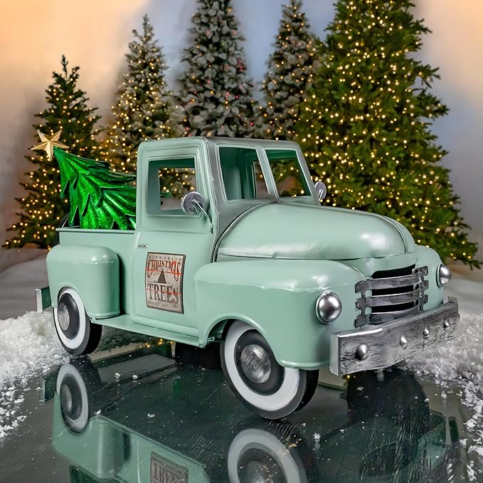 Zaer Ltd. Metal 18.5" Long Multi-Seasonal Christmas and Harvest Pickup Truck with Metal Tree, Pumpkins, and Matching Side-Magnet Sets (Soft Green)
