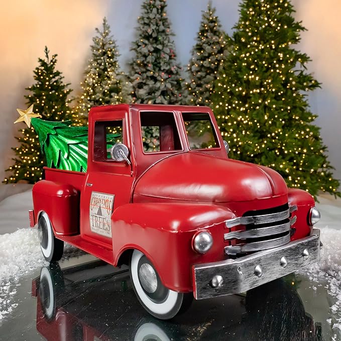 Zaer Ltd. Metal 18.5" Long Multi-Seasonal Christmas and Harvest Pickup Truck with Metal Tree, Pumpkins, and Matching Side-Magnet Sets (Antique Red)