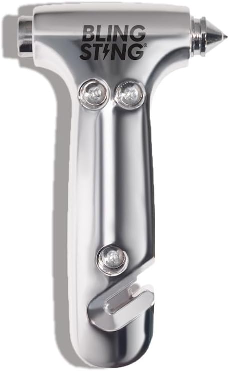 BLINGSTING Safety Hammer - Emergency Automotive Escape Tool with Window Breaker, Seat Belt Cutter & Adjustable Car Visor Strap - Tempered Glass Breaker - Steel Blade - Silver (1 Count)
