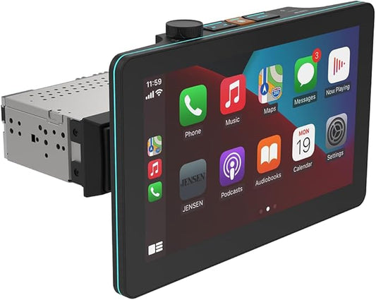 JENSEN J5UP10 10-inch Top Mount Control Touchscreen Receiver | Certified Wireless Apple Carplay Android Auto | Single & Double DIN Car Stereo | Backup Camera Input | USB Playback & Charge