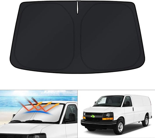 KUST Windshield Sun Shade for 1996-2025 2026 Chevrolet Express Accessories Cargo Van Custom Fit Sunshade for Chevy Express Sun Visor Protector Foldable Blocks UV Rays Keep Car Cooler
