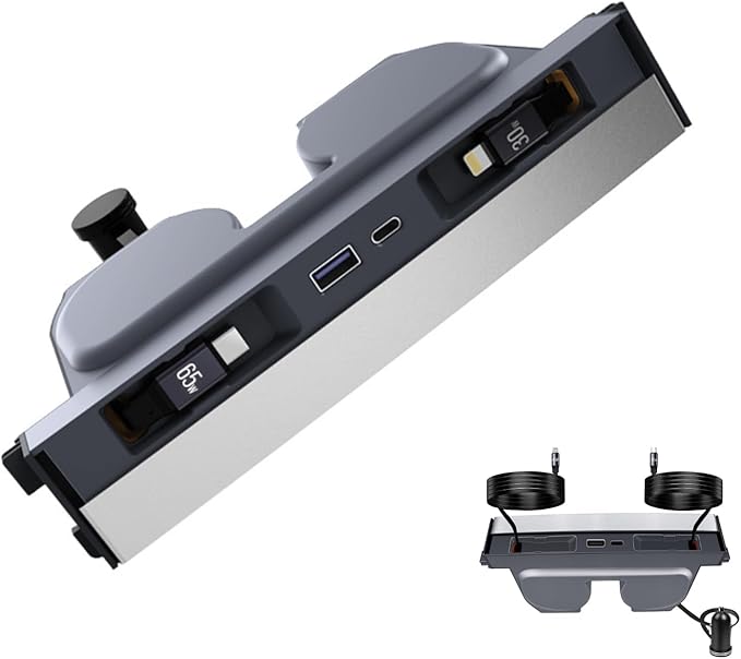 65W USB Charger Hub for Tesla Model Y Juniper 2025,2026 Accessories- 4-Port Fast Charging Hub with Sliding Cover, Retractable Phone Charger Hub, Docking Station for Tesla Model 3 Highland 2024-2026