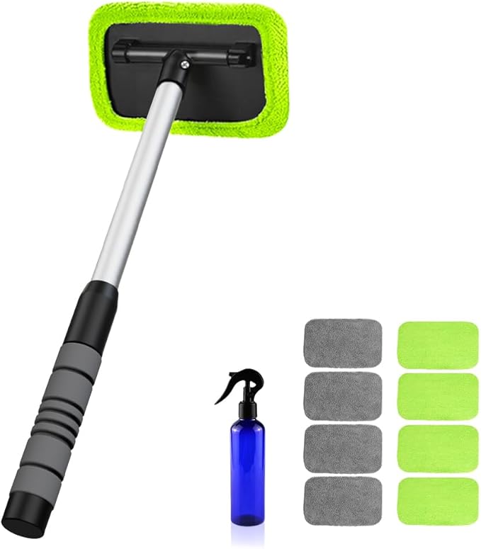 XINDELL Windshield Cleaning Tool for Car – Extendable Handle Window Cleaner with Reusable Microfiber Pads, Streak-Free Interior & Exterior Auto Glass Cleaner (Green)