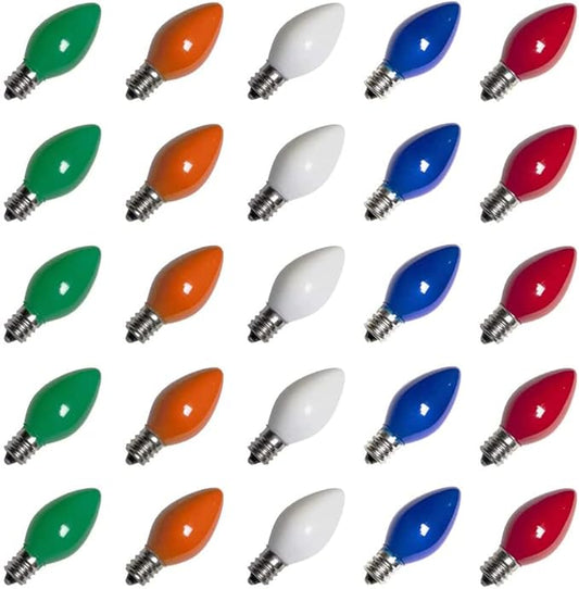 25 Pack C7 LED Multicolor Christmas Replacement Light Bulbs, C7 Multicolor Lights Bulbs for Christmas Outdoor String Lights, E12 Candelabra Base Night Light Bulbs, 0.6 Watt Saving Enengy LED Bulbs