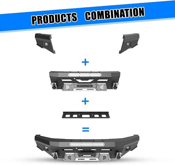 WOLFSTORM Front Bumper for 2024 2025 Tesla Cybertruck Front Bumper With Side Wings & Winch Plate Pod Light & 2 D-Rings Tesla Cybertruck Accessories(Main Body+ Side Wings + Winch Plate)