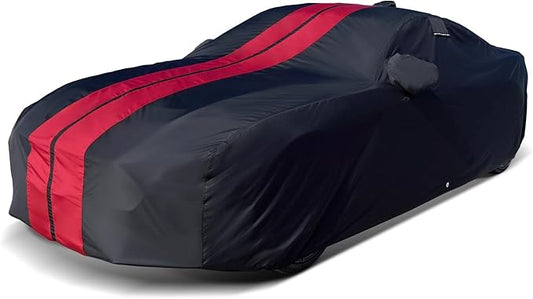 iCarCover Premium Car Cover for 1979-2004 Ford Mustang Coupe Convertible GT Mach 1 Saleen Fastback SOV Heavy Duty Waterproof Custom Fit Full Exterior Protection Covers (Stripe - Black/Red)