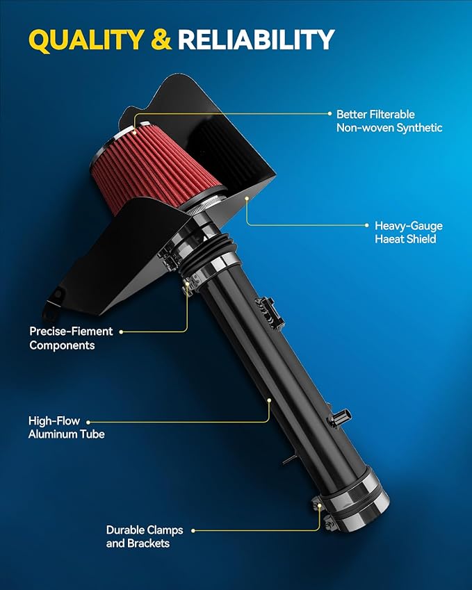 PHILTOP Air intake kit, Cold Air Intake Black Tube + Heat Shield for 2005-2011 Tacoma DRSS-5149 Polished Aluminum Cold Air Intake System