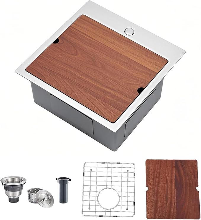 18x18 Inches Drop In Bar Sink, 18 Inch Stainless Steel Topmount Deep Single Bowl Workstation Small Kitchen Wet Bar Prep RV Sink with Cutting Board