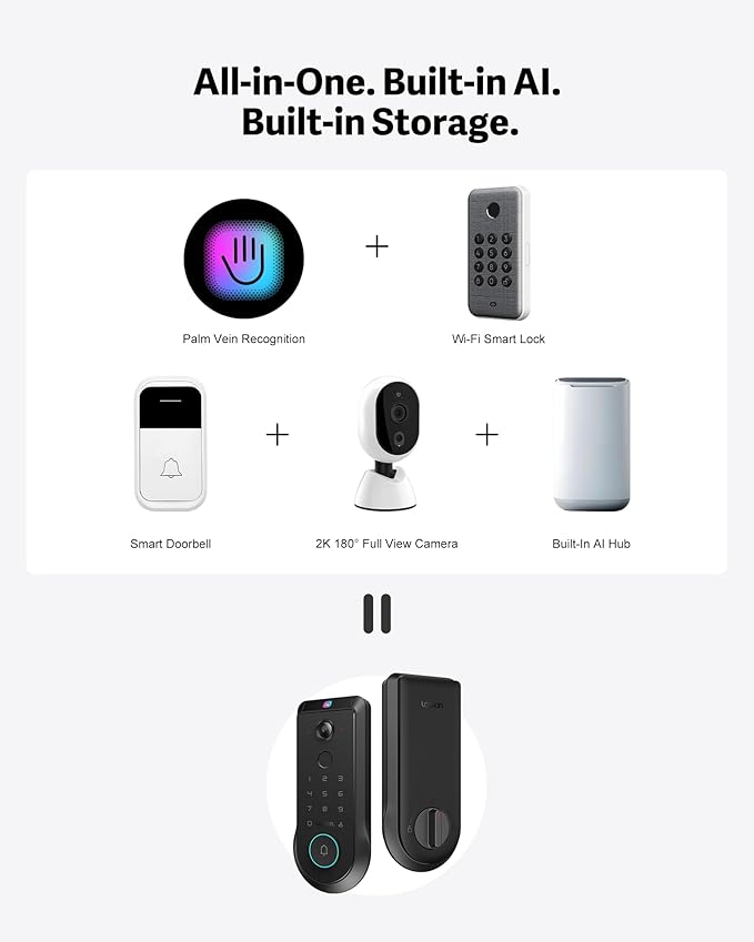 Lockin Veno Pro Smart Deadbolt Lock with 2K 180° Security Camera & Video Doorbell, AI Local Storage, Palm Vein & Fingerprint Keyless Entry, Front Door Smart Lock with Built-in Wi-Fi, App Control