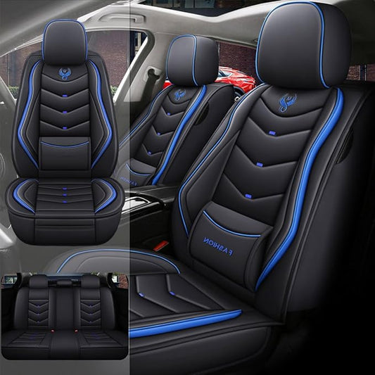 Car Seat Covers for Honda Civic 2003-2026, Full Set Premium Leather Waterproof Breathable Anti-Slip Seat Covers Protection with Airbag Safe Design(Black&Blue, Standard)