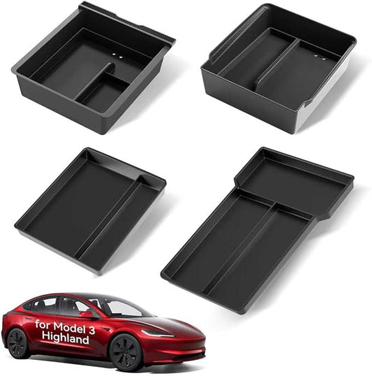 2025 Upgrade Center Console Organizer Tray for Tesla Model 3 Highland Accessories 2024 2026, Divided Storage Double Layer Space Slide smoothly - 4 PCS, Black