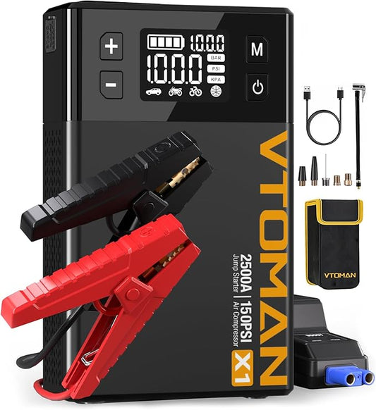 VTOMAN X1 Jump Starter with Air Compressor, Car Battery Jumper Starter (Up to 8.5L Gas/6L Diesel Engine) with 150PSI Auto Tire Inflator, 12V Portable Booster Pack, Lithium Jump Box Charger-Black