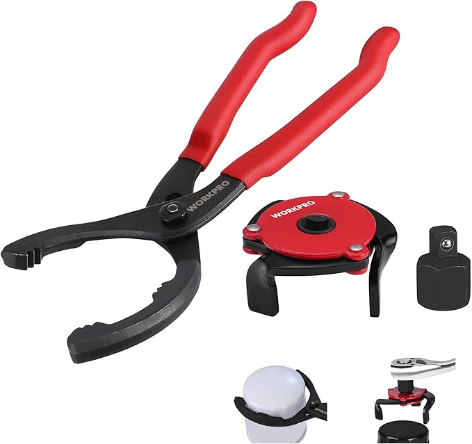WORKPRO 2-Piece Oil Filter Wrench Set, 12” Adjustable Oil Filter Plier & 3-Jaw Universal Oil Filter Removal Tool, for Easy Oil Changes, Ideal for Car, Motorcycle, Truck Maintenance & Home Garage Use