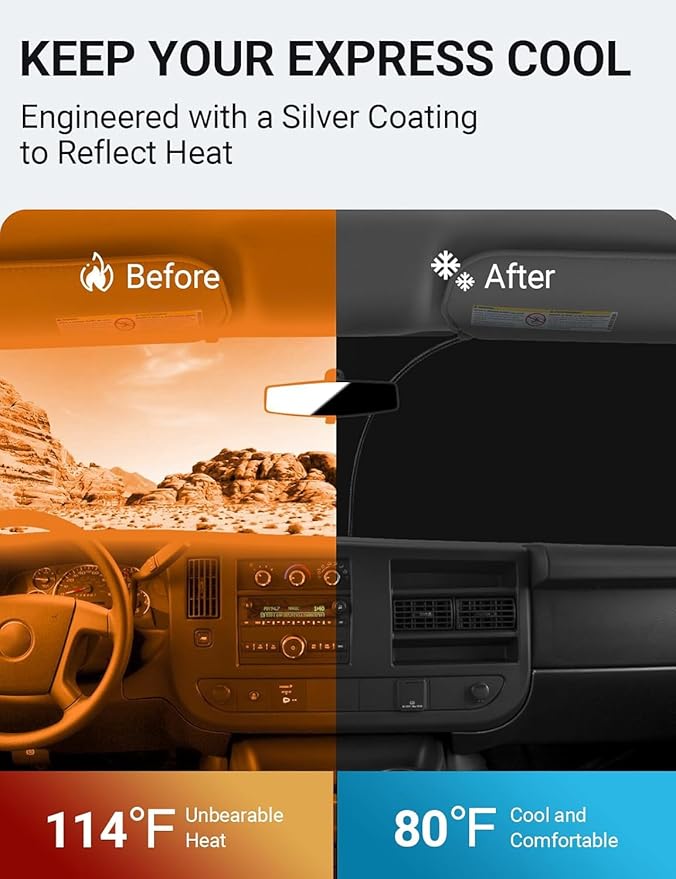 Proadsy 2025 Upgrade Windshield Sun Shade Custom Fit 1996-2025 Chevrolet Express Cargo Van, 1500, 3500, 4500 4-Layer Foldable Front Sunshade Protector Sun Visor Blocker Keep Car Cooler Accessories