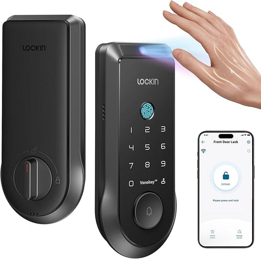 Lockin Veno Smart Deadbolt Lock with Palm Vein, Keyless Entry Smart Lock for Front Door with Doorbell, Fingerprint Lock with Built-in WiFi, App Remote Control, 7-Month Battery Life, IP65 Waterproof