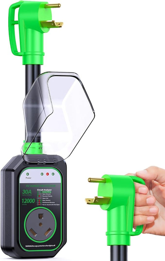 GEARGO RV Surge Protectors 30 Amp, 12000 Joules RV Circuit Analyzer, IP68 Surge Voltage Protection, RV Adapter Plug for Camper (Green)