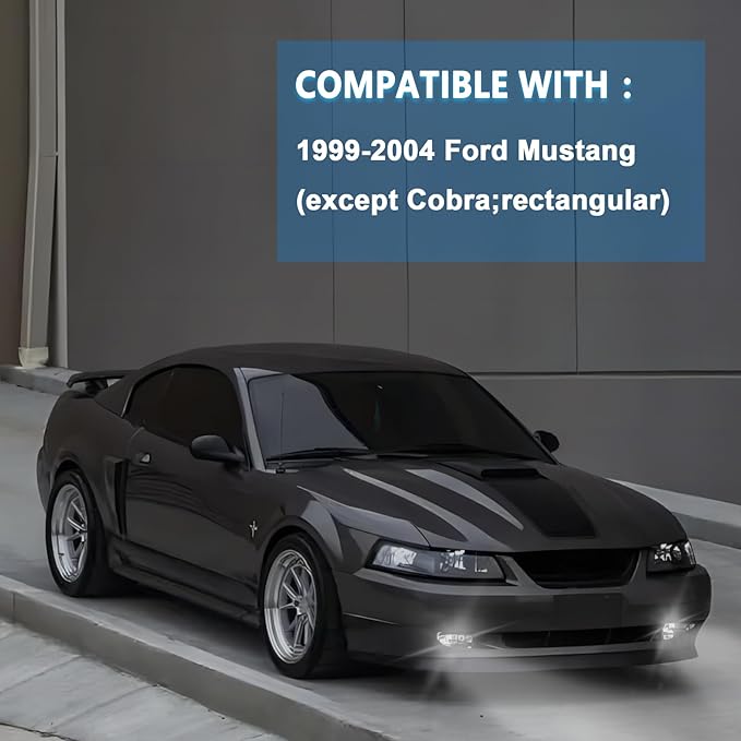 Fog Lights Assembly Compatible with 1999-2004 Ford Mustang, Bumper Driving Fog lamp Assembly Replacement (LED Fog Lights)