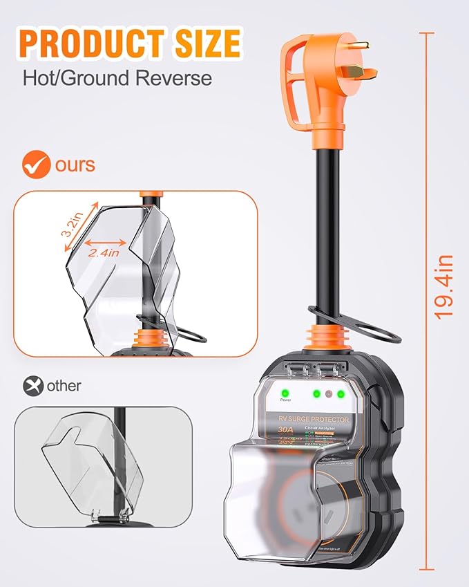 GEARGO RV Surge Protectors 30 Amp, 12000 Joules RV Circuit Analyzer, IP68 Surge Voltage Protection, RV Adapter Plug for Camper (Orange)