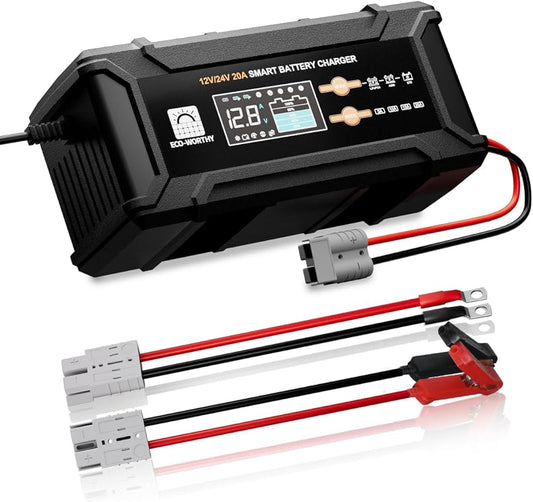ECO-Worthy 12V/24V 20A Smart Battery Charger Maintainer, Auto Voltage Detect for LiFePO4 Lead-Acid with Multi-Current Options 5A/10A/15A/20A, Trickle Charger for Car Motorcycle Lawn Mower RV Camping