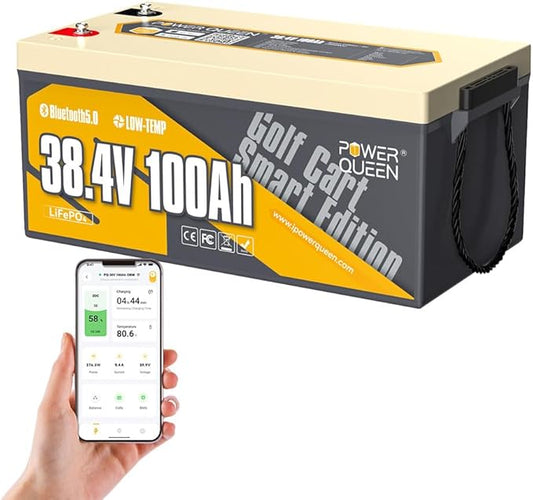 Power Queen LiFePO4 Battery 36V 100Ah, Bluetooth Lithium Battery 15000+ Cycles, Group 8D,Low Temp Protection for 36V-72V Electric Outboard Motors, Marine, Golf Cart E-Z-GO TXT, Off-Grid, Home Energy