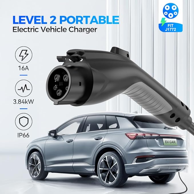 EV Charger Level 1/2 6-16A Adjustable, EV Chargers for Home with 25 FT J1772 EV Charging Cable, Electric Vehicle Charging Stations with NEMA 6-20 & 5-15 Plug, 110V-240V IP66 Waterproof