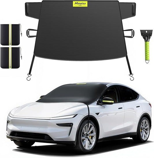 Windshield Snow Cover for Ice & Snow Frost Tesla Model Y/Model 3 — Tailored 3-in-1 Frost & Ice Shield with Mirror Covers & Ice Scraper, Waterproof 600D Oxford + Windproof Design Large Size