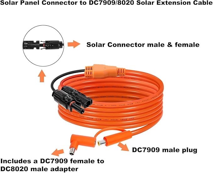 Solar Connector to DC 8mm Adapter Cable 50FT, 12AWG + 14AWG Tinned Copper Wire with DC7909 to DC8020 Adapter, Heavy Duty Charging Cable for Portable Power Station, RV, Outdoor Camping
