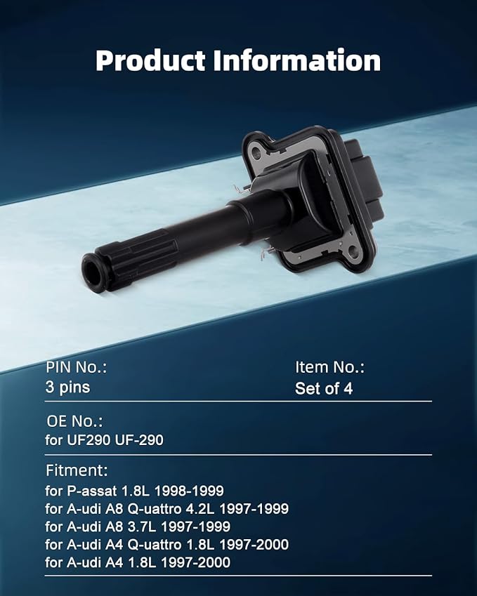 ECCPP Portable Spare Car Ignition Coils Compatible with Aud-i A8/A6/S4/Allroad Volkswage-n Golf/Passat 1997-2005 Replacement for UF290 UF369 for Travel, Transportation and Repair (Pack of 4)