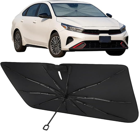 Proadsy Windshield Sun Shade Umbrella for Kia Forte 2019-2025 Foldable Car Umbrella Sunshade with Soft TPU Handle Spring Structure Crystal Cooling Material Protect Car from Rays & Heat