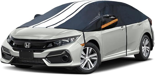 Universal Half Car Cover for Sedan, Windshield Cover for Ice and Snow，Roof Cover Waterproof All Weather Dustproof ,Outdoor Indoor All Season Sun, Rain, UV Protection.Front Rear Window Cover.3L