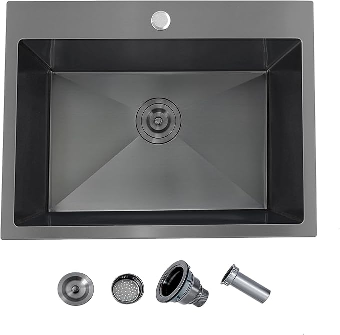 22 Inch Drop In Kitchen Sink Black, 22 x 18 Stainless Steel Single Bowl Top Mount Drop In Bar Wet Prep RV Outdoor Kitchen Sink, 16 Gauge Gunmetal Black