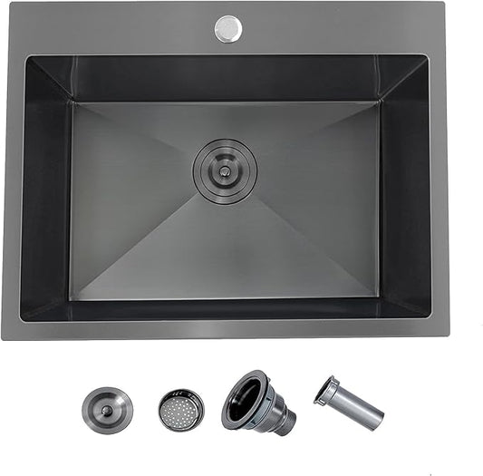 22 Inch Drop In Kitchen Sink Black, 22 x 18 Stainless Steel Single Bowl Top Mount Drop In Bar Wet Prep RV Outdoor Kitchen Sink, 16 Gauge Gunmetal Black