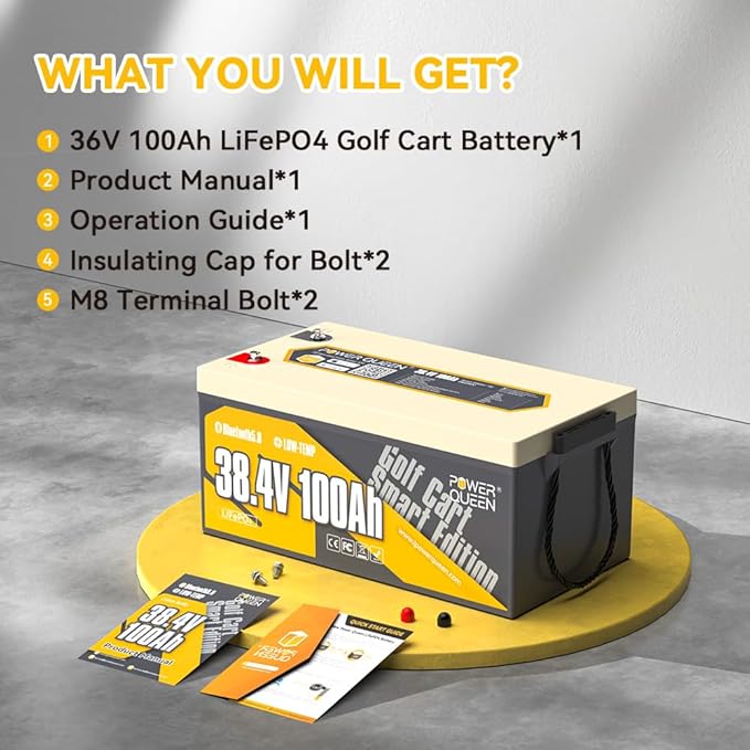 Power Queen LiFePO4 Battery 36V 100Ah, Bluetooth Lithium Battery 15000+ Cycles, Group 8D,Low Temp Protection for 36V-72V Electric Outboard Motors, Marine, Golf Cart E-Z-GO TXT, Off-Grid, Home Energy