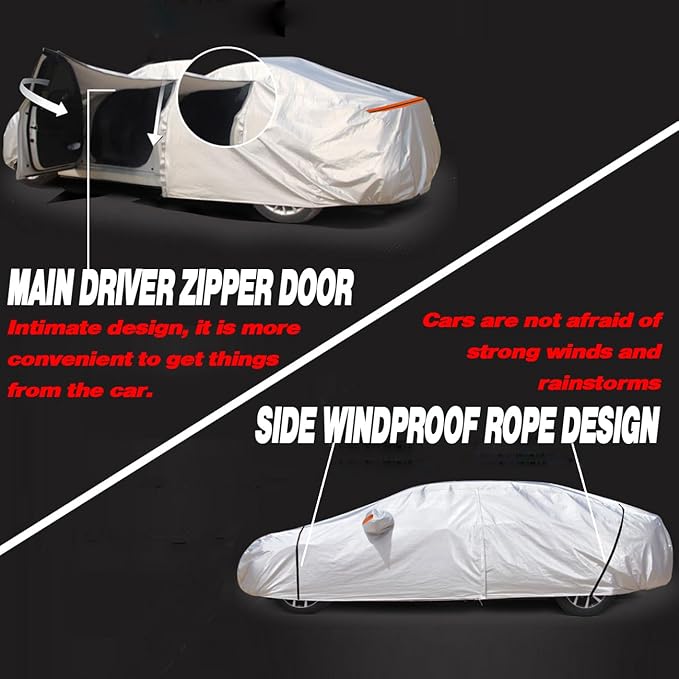 TUCAREST 6 Layers Full Car Cover for Sedan/Wagon/Coupe/Hatchback - Waterproof, Insulated, Anti-UV, Snow-Proof, Anti-Wind, All-Weather, Thickened Protection, up to 208 in