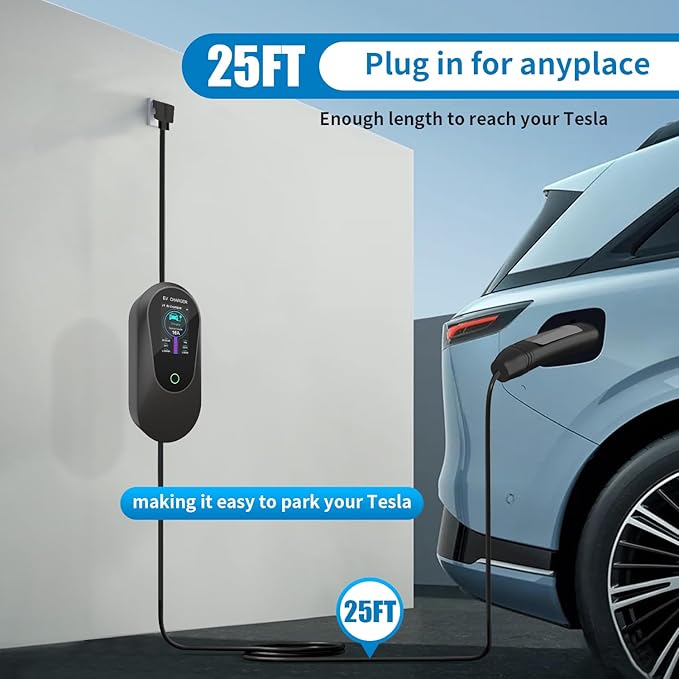16A Portable Charger with NACS Connector, 25ft Cable, with 240V NEMA 6-20 Plug, 120V NEMA 5-15 Adapter, NACS Connector,Home Charging Stations for ModelY/3/S/X,Level 1/2 EV Chargers.