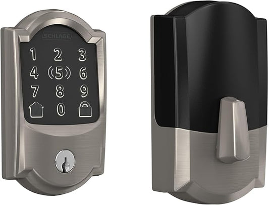Schlage BE499WB CAM 619 Encode Plus WiFi Deadbolt Smart Lock, Keyless Entry Touchscreen Door Lock with Camelot Trim, Satin Nickel