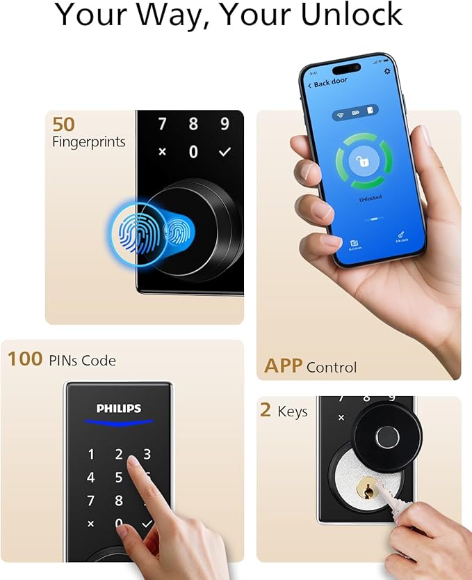 Philips Fingerprint Smart Lock, Keyless Entry Door Lock, Smart Door Locks for Front Door, Keypad Deadbolt, APP Control, 9-Month Long Battery